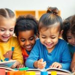 Children playing with toys and books in a bright setting.